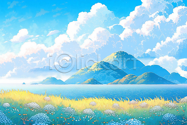 사람없음 JPG 일러스트 구름(자연) 꽃밭 바다 섬 여름(계절) 여름풍경 파란색 풍경(경치) 하늘