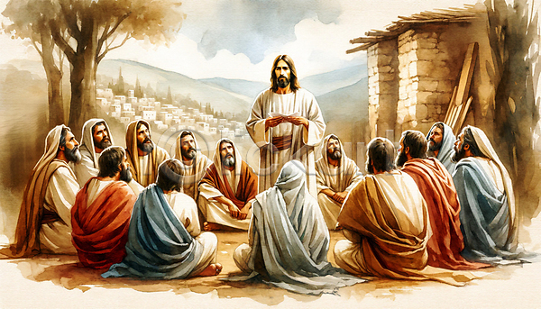 남자 성인 성인남자만 여러명 JPG 뒷모습 앞모습 일러스트 강의 기독교 듣기 서기 설교 성경 앉기 예수 전신 종교