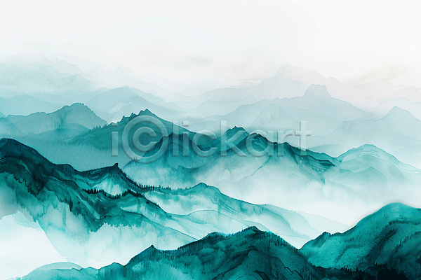 사람없음 JPG 일러스트 번짐 붓터치 산등성이 산맥 수채화(물감) 오리엔탈 운해 자연 청록색 풍경(경치)