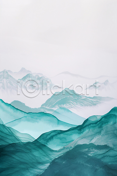 사람없음 JPG 일러스트 번짐 붓터치 산등성이 산맥 수채화(물감) 오리엔탈 운해 자연 청록색 풍경(경치)