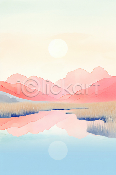 사람없음 JPG 일러스트 노을 물감 반사 백그라운드 분홍색 붓터치 산 수채화(물감) 숲 자연 질감 태양 풍경(경치) 호수