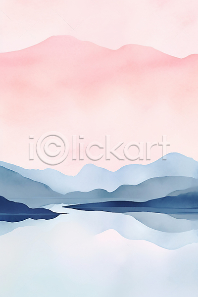 사람없음 JPG 일러스트 노을 물감 반사 백그라운드 분홍색 붓터치 산 수채화(물감) 숲 자연 질감 풍경(경치) 호수