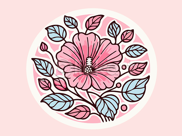분위기 사람없음 AI(파일형식) 일러스트 꽃봉오리 나뭇잎 무궁화 분홍색