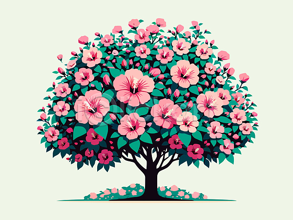 분위기 사람없음 AI(파일형식) 일러스트 꽃봉오리 나무 나뭇잎 무궁화 분홍색 자연