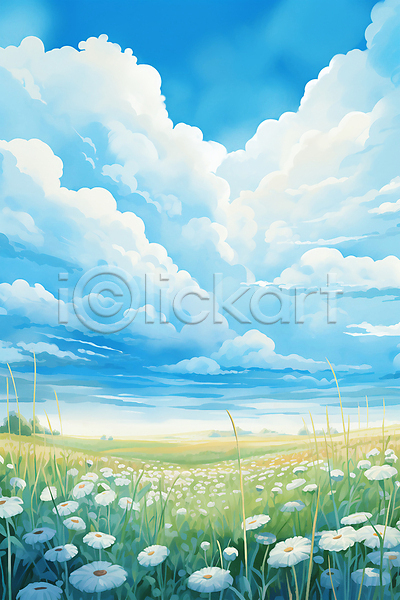 분위기 사람없음 JPG 일러스트 구름(자연) 꽃 백그라운드 여름(계절) 자연 초원(자연) 풀(식물) 하늘 하늘색