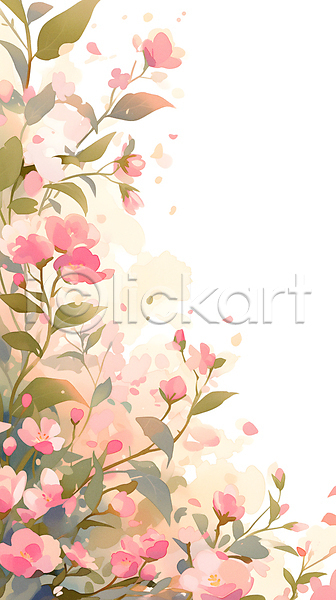사람없음 JPG 일러스트 꽃 꽃무늬 백그라운드 분홍색 수채화(물감) 잎 자연 카피스페이스 패턴