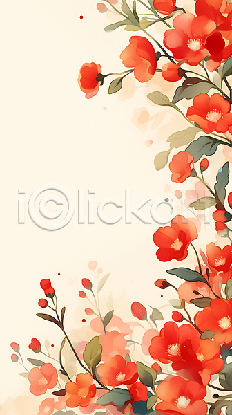 사람없음 JPG 일러스트 꽃 꽃무늬 백그라운드 빨간색 수채화(물감) 잎 자연 카피스페이스 패턴