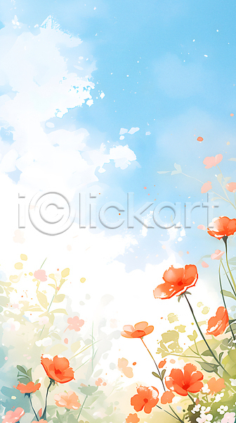 사람없음 JPG 일러스트 꽃 꽃무늬 백그라운드 수채화(물감) 잎 자연 카피스페이스 풍경(경치) 하늘