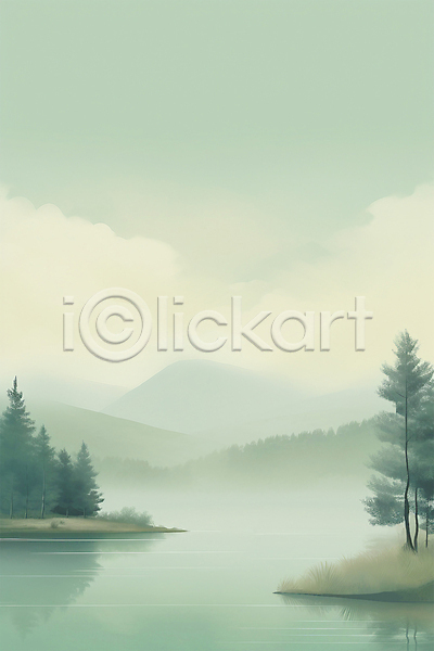 고요 사람없음 JPG 일러스트 구름(자연) 반사 백그라운드 산 수채화(물감) 숲 아침 안개 자연 풍경(경치) 하늘 호수