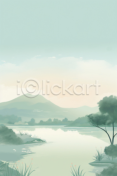 고요 사람없음 JPG 일러스트 구름(자연) 반사 백그라운드 산 수채화(물감) 숲 아침 안개 자연 풍경(경치) 하늘 호수