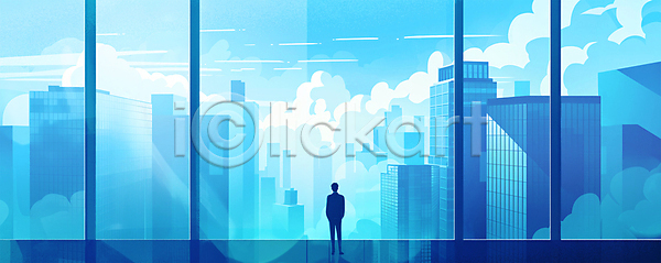 남자 성인 성인남자한명만 한명 PSD 일러스트 건물 고층빌딩 구름(자연) 도시 도시풍경 백그라운드 비즈니스 비즈니스맨 전신 직장인 파란색 하늘