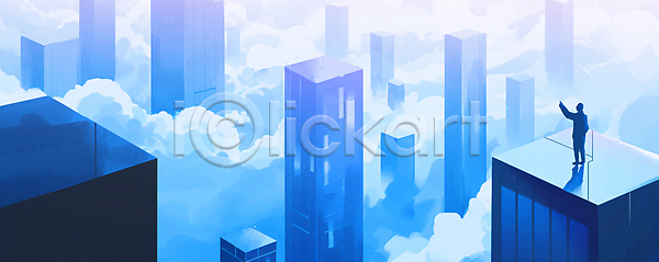 성공 남자 성인 성인남자한명만 한명 PSD 일러스트 가리킴 건물 고층빌딩 구름(자연) 도시풍경 백그라운드 비즈니스 비즈니스맨 손들기 옥상 전신 정상 직장인 커리어 파란색 하늘