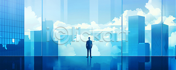 성공 남자 성인 성인남자한명만 한명 PSD 일러스트 건물 고층빌딩 구름(자연) 도시풍경 백그라운드 비즈니스 비즈니스맨 전신 직장인 파란색 하늘