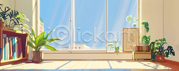 사람없음 JPG 일러스트 건물 공간 방 실내 액자 여름(계절) 창문 책 햇빛 화분 화초