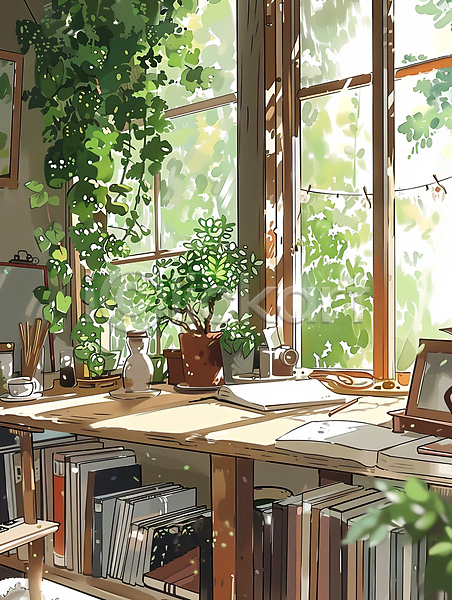 사람없음 JPG 일러스트 공간 나뭇잎 여름(계절) 창문 책 책장 햇빛 화분 화초