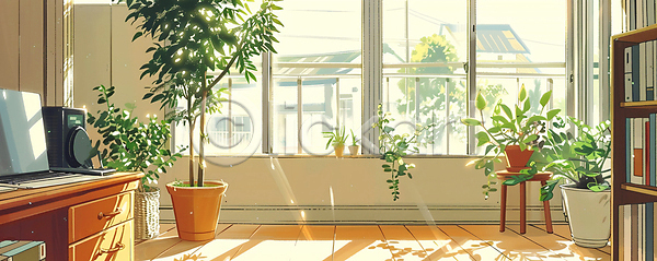 사람없음 JPG 일러스트 여름(계절) 의자 창문 책 책상 책장 햇빛 화분 화초