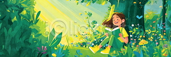 여유 평화 휴식 소녀(어린이) 소녀한명만 어린이 여자 한명 PSD 일러스트 나무 나비 독서 바람 버섯 앉기 야외 연두색 자연 전신 책 풀(식물) 햇빛
