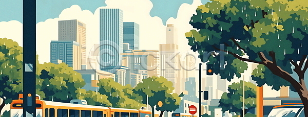 분위기 사람없음 JPG 일러스트 건물 교통수단 나무 도시 버스 비(날씨) 아침 일상 통근 풀잎 풍경(경치) 하늘색