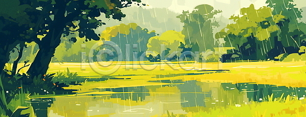 분위기 평화 사람없음 JPG 일러스트 나무 반사 비(날씨) 자연 초록색 초원(자연) 풀잎 풍경(경치) 호수