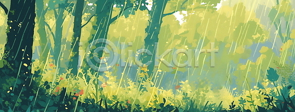 분위기 산책 평화 사람없음 JPG 일러스트 나무 비(날씨) 숲 아침 자연 초록색 풀잎 풍경(경치) 햇빛