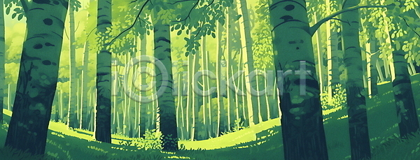고요 분위기 평화 휴식 사람없음 JPG 일러스트 나무 숲 오후 자연 조용함 초록색 풀잎 풍경(경치)