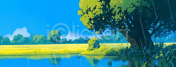 분위기 평화 사람없음 JPG 일러스트 나무 반사 비(날씨) 빛 자연 파란색 풀잎 풍경(경치) 호수