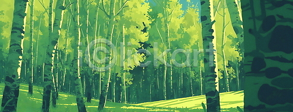 분위기 산책 평화 사람없음 JPG 일러스트 나무 숲 아침 여름(계절) 자연 초록색 풀잎 풍경(경치) 햇빛