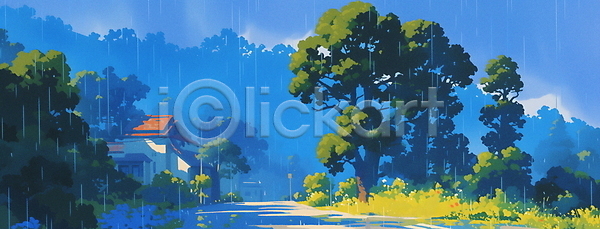 분위기 평화 사람없음 JPG 일러스트 나무 비(날씨) 소나기 시골길 여행 운전 자연 주택 파란색 풀잎 풍경(경치)