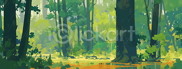 분위기 신비 평화 사람없음 JPG 일러스트 나무 비(날씨) 새벽 숲 자연 초록색 풀잎 풍경(경치)