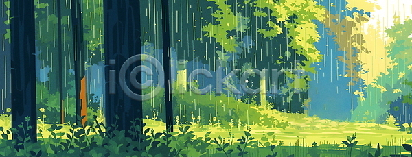 분위기 활기 사람없음 JPG 일러스트 나무 비(날씨) 숲 여름(계절) 자연 초록색 풀잎 풍경(경치) 햇빛