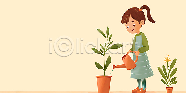 귀여움 행복 소녀(어린이) 소녀한명만 어린이 여자 한명 JPG 일러스트 꽃 물뿌리개 백그라운드 베이지색 서기 원예 잎 카피스페이스 화분 화초