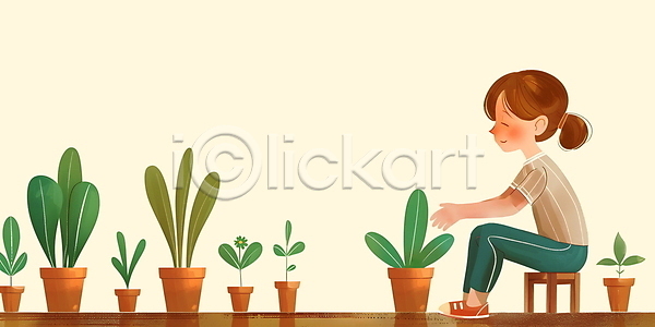 귀여움 행복 소녀(어린이) 소녀한명만 어린이 여자 한명 JPG 편집이미지 관찰 백그라운드 베이지색 앉기 원예 의자 잎 카피스페이스 화분 화초