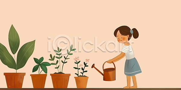 귀여움 행복 소녀(어린이) 소녀한명만 어린이 여자 한명 JPG 일러스트 꽃 물뿌리개 백그라운드 베이지색 서기 원예 잎 카피스페이스 화분 화초