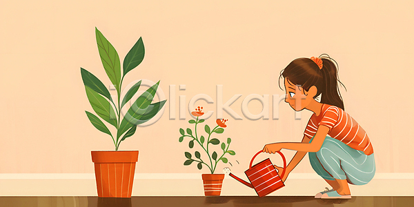 귀여움 행복 소녀(어린이) 소녀한명만 어린이 여자 한명 JPG 일러스트 꽃 물뿌리개 백그라운드 베이지색 웅크림 원예 잎 카피스페이스 화분 화초