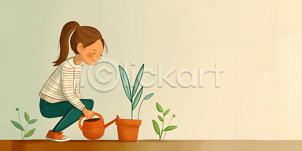 귀여움 행복 소녀(어린이) 소녀한명만 어린이 여자 한명 JPG 일러스트 물뿌리개 백그라운드 베이지색 웅크림 원예 잎 카피스페이스 화분 화초