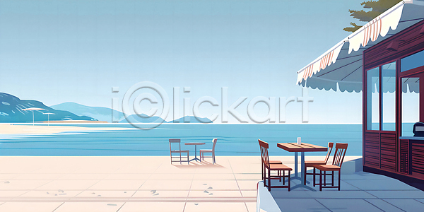 사람없음 PSD 일러스트 그림자 나무 바다 백그라운드 산 여름(계절) 창문 카페 탁자 파라솔 풍경(경치) 하늘 해변