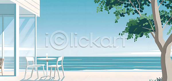 사람없음 PSD 일러스트 갈매기 건물 구름(자연) 나무 나뭇잎 바다 백그라운드 여름(계절) 의자 창문 카페 탁자 풍경(경치) 하늘 해변