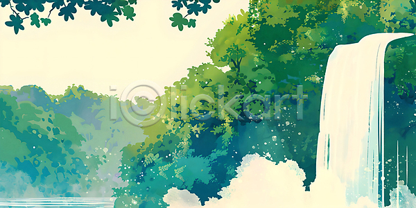 분위기 사람없음 PSD 일러스트 나무 나뭇잎 백그라운드 산 숲 여름(계절) 절벽 초록색 폭포 풍경(경치) 하늘
