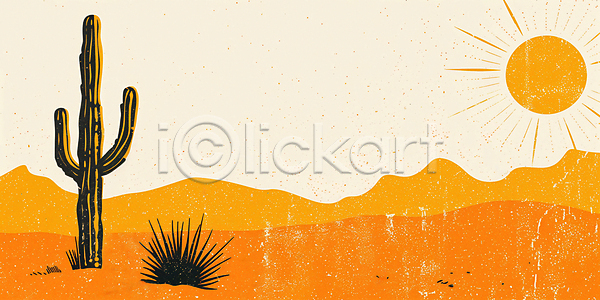 빈티지 사람없음 JPG 일러스트 더위 모래 백그라운드 사막 산 선인장 여름(계절) 주황색 태양 풍경(경치) 하늘