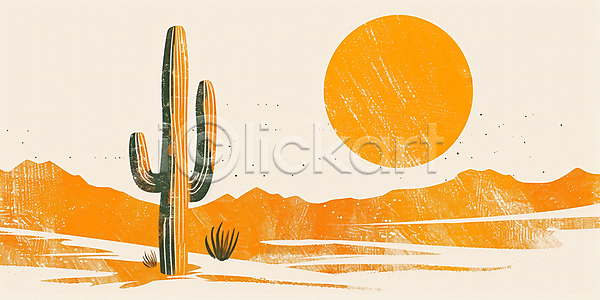빈티지 사람없음 JPG 일러스트 더위 모래 백그라운드 사막 산 선인장 여름(계절) 주황색 태양 풍경(경치) 하늘
