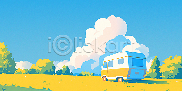 분위기 사람없음 JPG 일러스트 구름(자연) 나무 노란색 백그라운드 소풍 여름휴가 여행 자연 차박 초원(자연) 캠핑카 풀(식물) 풍경(경치) 하늘