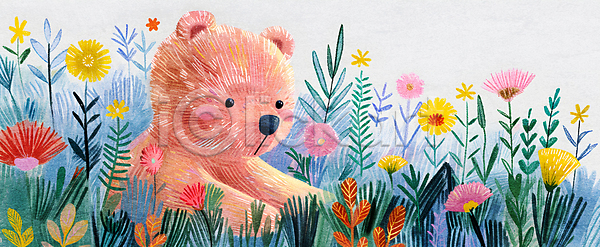 귀여움 사람없음 JPG 일러스트 곰 곰캐릭터 꽃무늬 들꽃 백그라운드 수채화(물감) 자연 정원 컬러풀 파스텔 풀잎