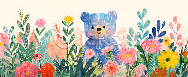 귀여움 사람없음 JPG 일러스트 곰 곰캐릭터 꽃무늬 들꽃 백그라운드 수채화(물감) 자연 정원 컬러풀 파스텔 풀잎