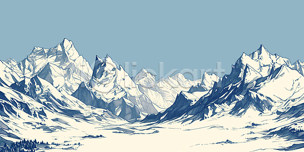 분위기 사람없음 JPG 일러스트 겨울 눈(날씨) 백그라운드 봉우리 산맥 설산 스케치 자연 카피스페이스 파란색 풍경(경치) 하늘
