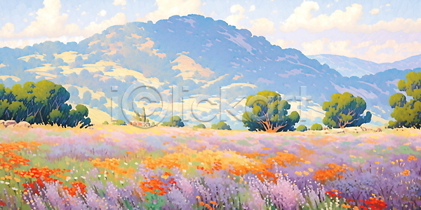 고요 평화 사람없음 JPG 일러스트 구름(자연) 나무 들꽃 라벤더 보라색 산 자연 초원(자연) 풍경(경치) 하늘