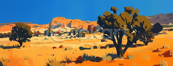 분위기 사람없음 JPG 일러스트 나무 노란색 모래 모래언덕 백그라운드 사막 산 자연 카피스페이스 풍경(경치) 하늘
