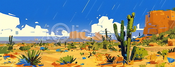 분위기 사람없음 JPG 일러스트 구름(자연) 노란색 모래 모래언덕 백그라운드 비(날씨) 사막 선인장 자연 카피스페이스 풍경(경치) 하늘