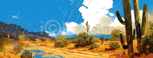 분위기 사람없음 JPG 일러스트 구름(자연) 노란색 모래 모래언덕 백그라운드 비(날씨) 사막 선인장 자연 카피스페이스 풍경(경치) 하늘