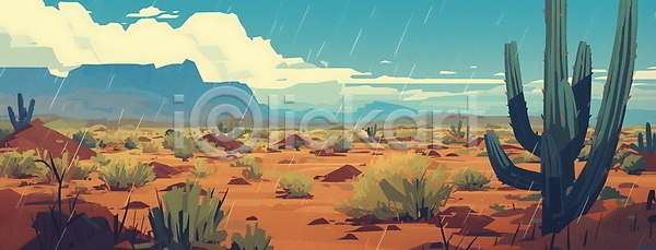 분위기 사람없음 JPG 일러스트 갈색 구름(자연) 모래 백그라운드 비(날씨) 사막 선인장 자연 카피스페이스 평야 평원 풍경(경치) 하늘