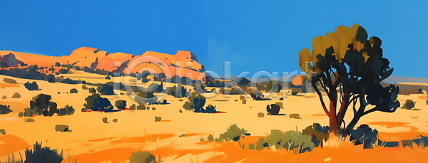 분위기 사람없음 JPG 일러스트 구름(자연) 나무 바위 백그라운드 사막 자연 주황색 카피스페이스 평원 풍경(경치) 하늘